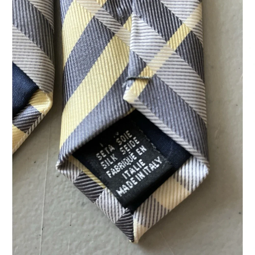 Ermenegildo Zegna Mens 100% Silk Tie Yellow Gray Plaid 4